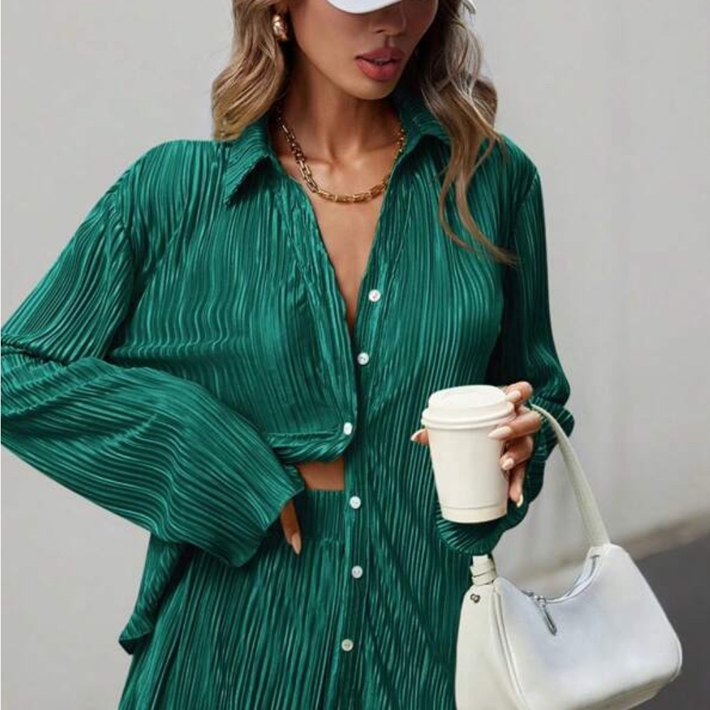 Teal Pleated Long Sleeve Blouse- 2 pieces